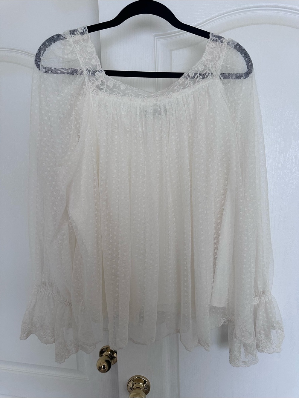 LOFT Cream Sheer Lace Swiss Dot Peasant Top - Picture 2 of 5